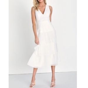 NWT Lulus | Tier to Adore White Tiered Organza V-Neck Midi Dress